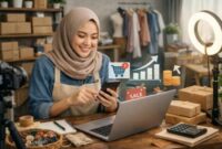 Ilustrasi ide bisnis digital untuk pemula dengan memanfaatkan laptop dan teknologi internet.