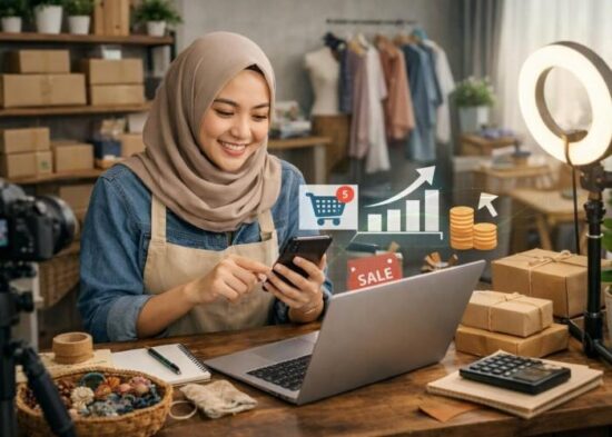 Ilustrasi ide bisnis digital untuk pemula dengan memanfaatkan laptop dan teknologi internet.